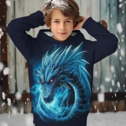Boys 3D Dragon Hoodie Pullover Long Sleeve 3D Print Spring Fall Fashion Streetwear Cool Kids 3-12 Years Hooded Outdoor Casual Daily Regular Fit
