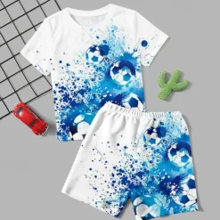 Boys 3D Football Tee & Pants Pajama Sets Short Sleeve 3D Print Summer Active Fashion Daily Kids 3-12 Years Crew Neck Home Causal Indoor Regular Fit