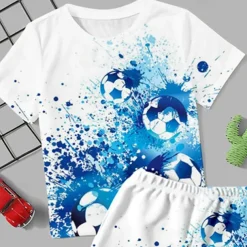 Boys 3D Football Tee & Pants Pajama Sets Short Sleeve 3D Print Summer Active Fashion Daily Kids 3-12 Years Crew Neck Home Causal Indoor Regular Fit