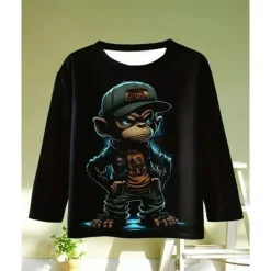 Boys 3D Graphic Animal Cartoon T shirt Tee Long Sleeve Spring Fall Fashion Basic Kids 4-12 Years Crew Neck Outdoor Casual Daily Regular Fit