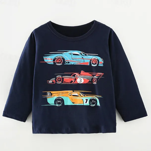 Boys 3D Graphic Car Tee Long Sleeve Spring Fall Fashion Basic Little Kids(4-7ys) 4-7 Years Crew Neck Outdoor Casual Daily Regular Fit