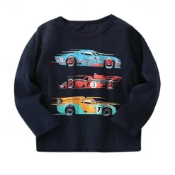 Boys 3D Graphic Car Tee Long Sleeve Spring Fall Fashion Basic Little Kids(4-7ys) 4-7 Years Crew Neck Outdoor Casual Daily Regular Fit