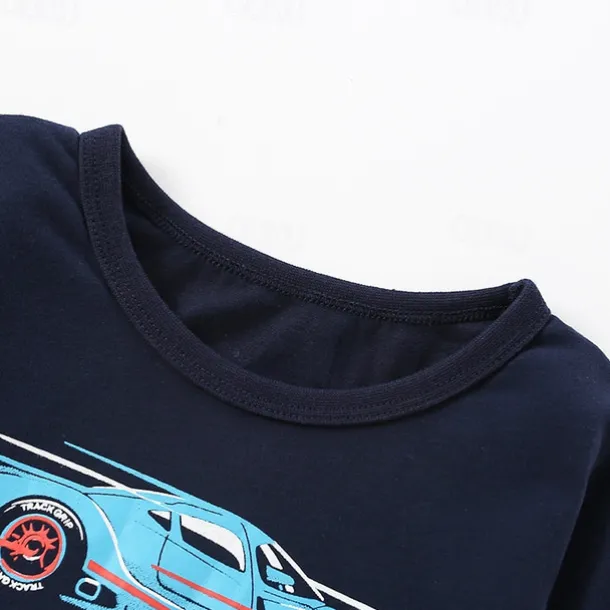 Boys 3D Graphic Car Tee Long Sleeve Spring Fall Fashion Basic Little Kids(4-7ys) 4-7 Years Crew Neck Outdoor Casual Daily Regular Fit