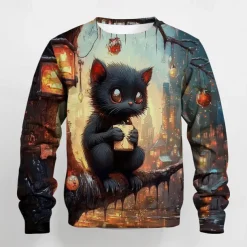 Boys 3D Graphic Cartoon Cat T shirt Tee Long Sleeve Spring Fall Fashion Basic Kids 4-12 Years Crew Neck Outdoor Casual Daily Regular Fit