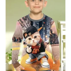 Boys 3D Graphic Cat T shirt Tee Long Sleeve Spring Fall Fashion Basic Kids 4-12 Years Crew Neck Outdoor Casual Daily Regular Fit