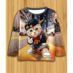 Boys 3D Graphic Cat T shirt Tee Long Sleeve Spring Fall Fashion Basic Kids 4-12 Years Crew Neck Outdoor Casual Daily Regular Fit