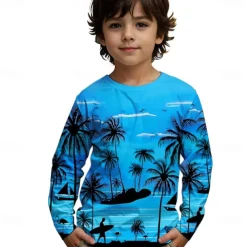 Boys 3D Graphic Coconut Tree T shirt Tee Long Sleeve Spring Fall Fashion Basic Kids 4-12 Years Crew Neck Outdoor Casual Daily Regular Fit