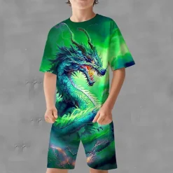 Boys 3D Graphic Dragon T-shirt & Shorts Short Sleeve Summer Sports Fashion Daily Kids 4-12 Years Outdoor Vacation Tailored Fit