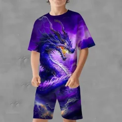 Boys 3D Graphic Dragon T-shirt & Shorts Short Sleeve Summer Sports Fashion Daily Kids 4-12 Years Outdoor Vacation Tailored Fit