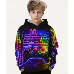 Boys 3D Graphic Game Hoodie Long Sleeve Spring Fall Fashion Streetwear Kids 4-12 Years Hooded Outdoor Casual Daily Regular Fit