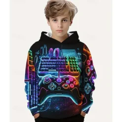 Boys 3D Graphic Game Hoodie Long Sleeve Spring Fall Fashion Streetwear Kids 4-12 Years Hooded Outdoor Casual Daily Regular Fit