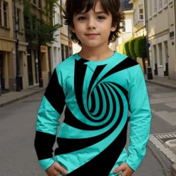 Boys 3D Graphic Geometric T shirt Tee Long Sleeve Spring Fall Fashion Basic Kids 4-12 Years Crew Neck Outdoor Casual Daily Regular Fit