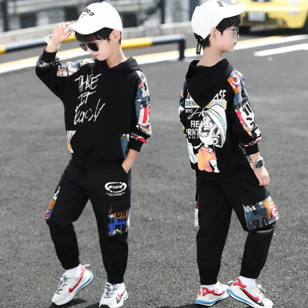 Boys' 3D Letter Hoodie & Sweatpants Set Tracksuits Long Sleeve Fall Cool Street Style Kids 5-13 Years Outdoor Loose Fit