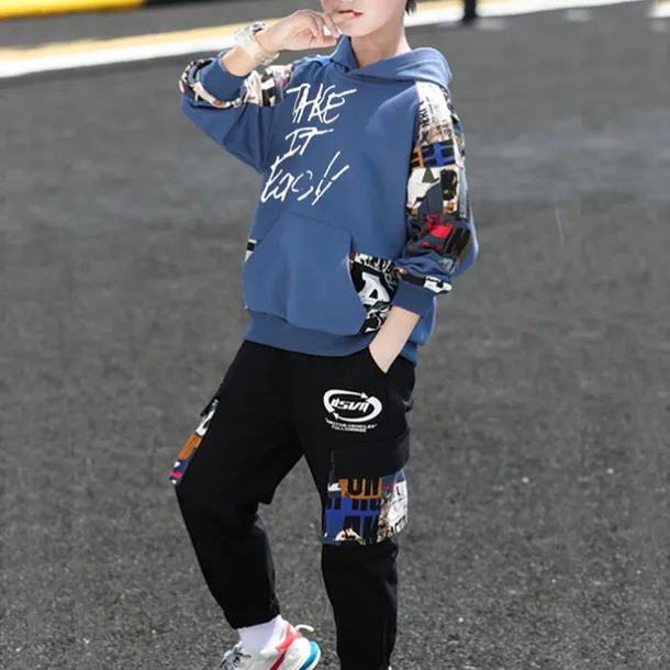 Boys' 3D Letter Hoodie & Sweatpants Set Tracksuits Long Sleeve Fall Cool Street Style Kids 5-13 Years Outdoor Loose Fit