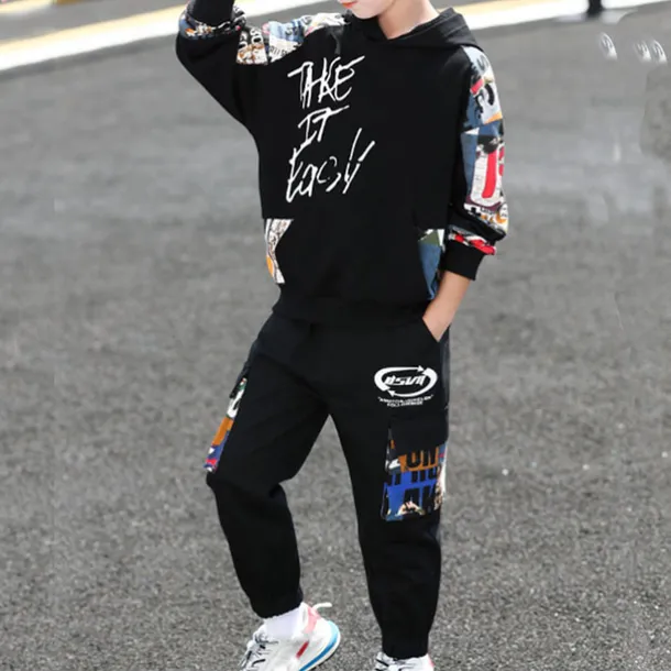 Boys' 3D Letter Hoodie & Sweatpants Set Tracksuits Long Sleeve Fall Cool Street Style Kids 5-13 Years Outdoor Loose Fit