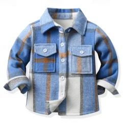 Boys 3D Plaid Shirts Long Sleeve Fall Winter Fashion Basic Kids 4-12 Years Lapel Outdoor Casual Daily Regular Fit