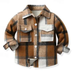 Boys 3D Plaid Shirts Long Sleeve Fall Winter Fashion Basic Kids 4-12 Years Lapel Outdoor Casual Daily Regular Fit
