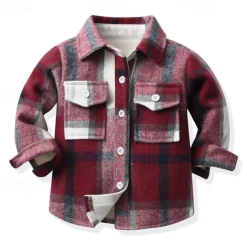 Boys 3D Plaid Shirts Long Sleeve Fall Winter Fashion Basic Kids 4-12 Years Lapel Outdoor Casual Daily Regular Fit