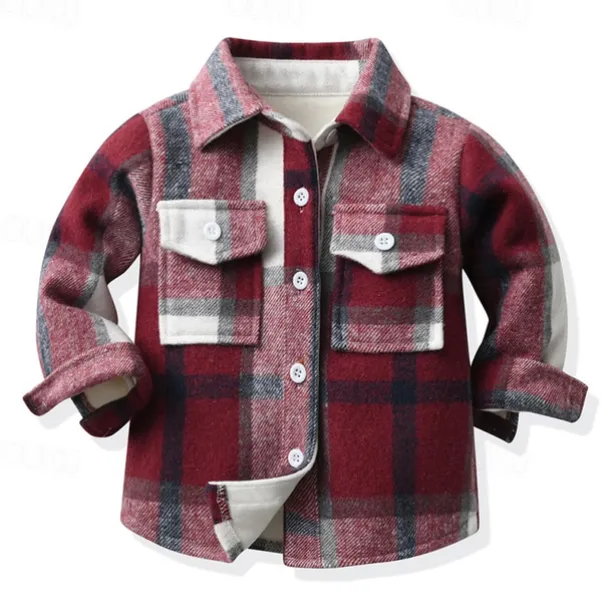 Boys 3D Plaid Shirts Long Sleeve Fall Winter Fashion Basic Kids 4-12 Years Lapel Outdoor Casual Daily Regular Fit