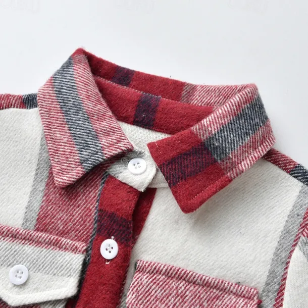 Boys 3D Plaid Shirts Long Sleeve Fall Winter Fashion Basic Kids 4-12 Years Lapel Outdoor Casual Daily Regular Fit