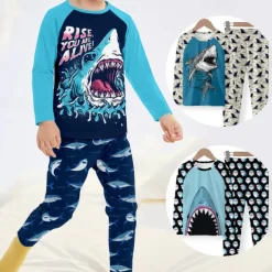 Boys 3D Shark Pajama Sets Long Sleeve 3D Print Fall Winter Fashion Cool Daily Kids 3-12 Years Crew Neck Home Causal Indoor Regular Fit