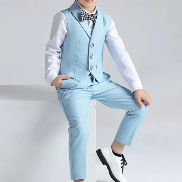 Boys 3D Solid Color Shirt & Pants Clothing Set Long Sleeve Fall Winter Gentle Preppy Style Cotton Kids 3-13 Years School Vacation Regular Fit