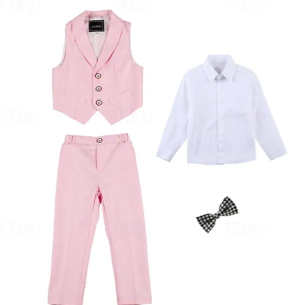 Boys 3D Solid Color Shirt & Pants Clothing Set Long Sleeve Fall Winter Gentle Preppy Style Cotton Kids 3-13 Years School Vacation Regular Fit