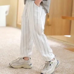 Boys Linen Pants Kids Boys Pants Trousers Pocket Stripe Breathable Comfort Pants Outdoor Fashion Daily Basic Black White Dark Green Mid Waist