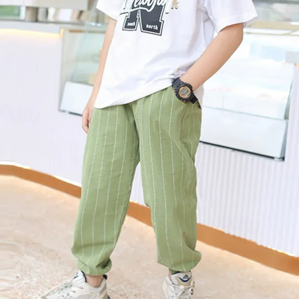 Boys Linen Pants Kids Boys Pants Trousers Pocket Stripe Breathable Comfort Pants Outdoor Fashion Daily Basic Black White Dark Green Mid Waist