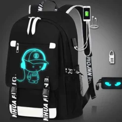 Boys' Luminous School Backpack with USB Charging Port and Lock – Waterproof Teen Bookbag with Headphone Jack for Middle School, Travel, or Daily Use