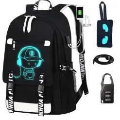 Boys' Luminous School Backpack with USB Charging Port and Lock – Waterproof Teen Bookbag with Headphone Jack for Middle School, Travel, or Daily Use