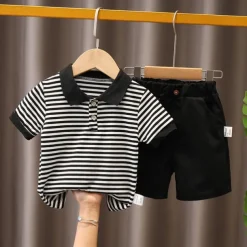 Boys' Summer Clothing Children's Short sleeved Set Summer New Children's Boys and Babies Fashion Stripe Polo Shirt Two piece Set Trendy