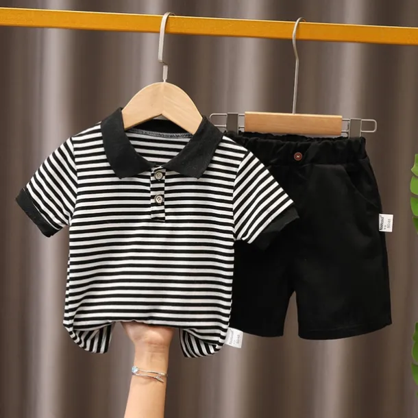 Boys' Summer Clothing Children's Short sleeved Set Summer New Children's Boys and Babies Fashion Stripe Polo Shirt Two piece Set Trendy