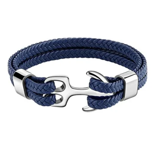 bracelet for men, sturdy cowhide leather bracelet, multilayer vintage anchor bracelet wrap cuff - blue with silver anchor
