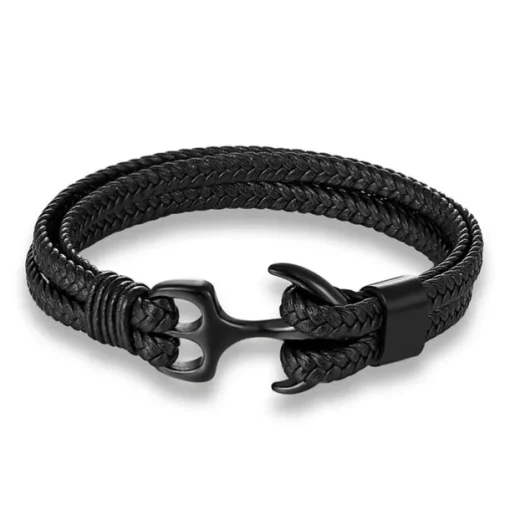 bracelet for men, sturdy cowhide leather bracelet, multilayer vintage anchor bracelet wrap cuff - blue with silver anchor