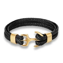 bracelet for men, sturdy cowhide leather bracelet, multilayer vintage anchor bracelet wrap cuff - blue with silver anchor