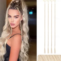 Braid Hair Extensions 4 PCS Baby Braids Front Side Bang Curtain Bang Clip in Hair Extensions Long Braided Hair Piece Natural Soft Synthetic Hair for Women Daily Wear 20 Inch Cool Light Blonde