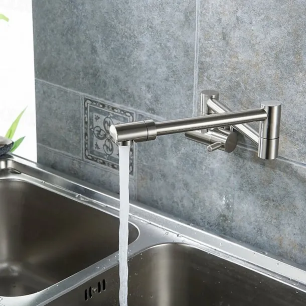 Brass Kitchen Faucet, Wall Mounted Pot Filler Single Handle One Hole Nickel Brushed Rotatable and Pre Rinse Kitchen Taps with Cold Water Only