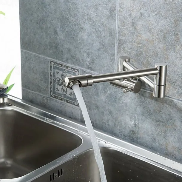 Brass Kitchen Faucet, Wall Mounted Pot Filler Single Handle One Hole Nickel Brushed Rotatable and Pre Rinse Kitchen Taps with Cold Water Only