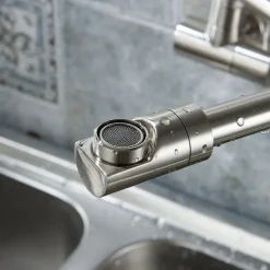 Brass Kitchen Faucet, Wall Mounted Pot Filler Single Handle One Hole Nickel Brushed Rotatable and Pre Rinse Kitchen Taps with Cold Water Only