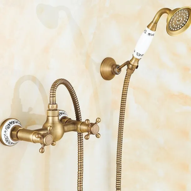 Brass Shower Faucet Set,Two Handles One Hole Wall Installation Waterfall Portable Spray Pull out Handshower with Cold/Hot Water