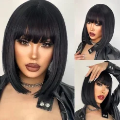 Brazilian Human Hair Wig with Bangs Remy Straight Hair Bob Wigs Full Machine Made Wig for Women 8-14Inches Glueless Bob Wig