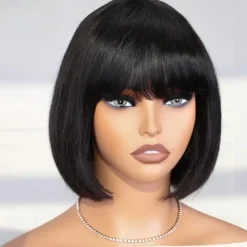 Brazilian Human Hair Wig with Bangs Remy Straight Hair Bob Wigs Full Machine Made Wig for Women 8-14Inches Glueless Bob Wig