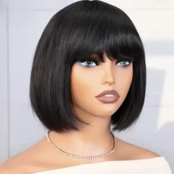 Brazilian Human Hair Wig with Bangs Remy Straight Hair Bob Wigs Full Machine Made Wig for Women 8-14Inches Glueless Bob Wig