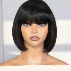 Brazilian Human Hair Wig with Bangs Remy Straight Hair Bob Wigs Full Machine Made Wig for Women 8-14Inches Glueless Bob Wig