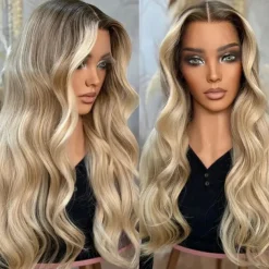 Brazilian Remy Hair Ash Blonde Highlight Ombre Glueless 5x5 Lace Closure Wigs Body Wave Lace Front Wig Natural Hairline Pre-Plucked For Women