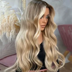Brazilian Remy Hair Ash Blonde Highlight Ombre Glueless 5x5 Lace Closure Wigs Body Wave Lace Front Wig Natural Hairline Pre-Plucked For Women