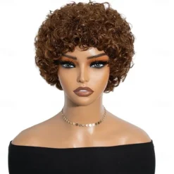 Brazilian Short Pixie Afro Kinky Curly Wigs for Women Glueless Brown Colored Hair Bob Wig With Bangs 6 inch Human Hair Wig