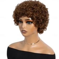 Brazilian Short Pixie Afro Kinky Curly Wigs for Women Glueless Brown Colored Hair Bob Wig With Bangs 6 inch Human Hair Wig
