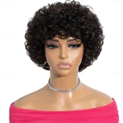 Brazilian Short Pixie Afro Kinky Curly Wigs for Women Glueless Brown Colored Hair Bob Wig With Bangs 6 inch Human Hair Wig